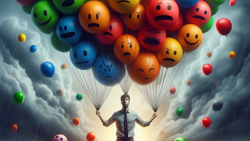 AI generated image of a man attached to many balloons displaying various emotions.